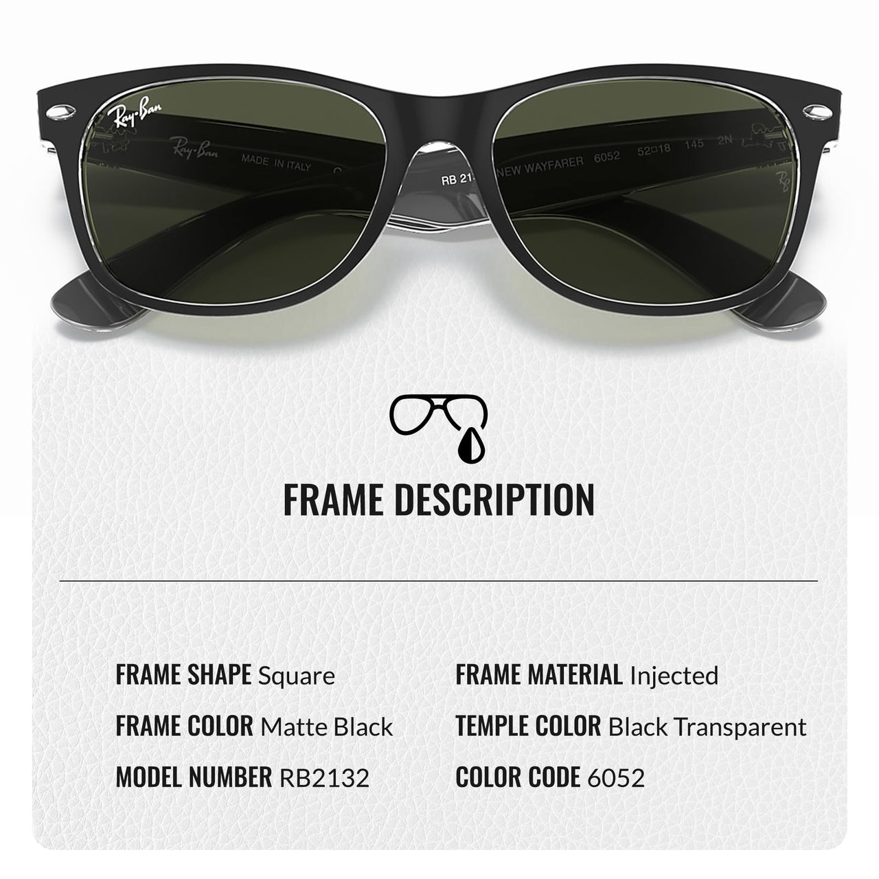 Ray-Ban RB2132 NEW WAYFARER COLOR MIX Square Shaped Non-Polarized Sunglasses for Men & Women – Includes Official RAYBAN Eyewear Kit – Ideal Formal & Casual Wear Sunglasses – G-15 Green Lens