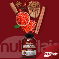 Thumbnail for NutriFlair Premium Berberine HCL 1200mg, 120 Capsules - Plus Pure True Ceylon Cinnamon, Berberine HCI Root Supplements Pills - Immune System - yields an Optimal 8% HCl