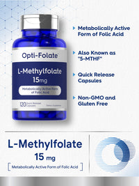 Thumbnail for Carlyle L Methylfolate 15mg | 120 Capsules | Value Size | Max Potency | Optimized and Activated | Non-GMO, Gluten Free Supplement | Methyl Folate, 5-MTHF | by Opti-Folate