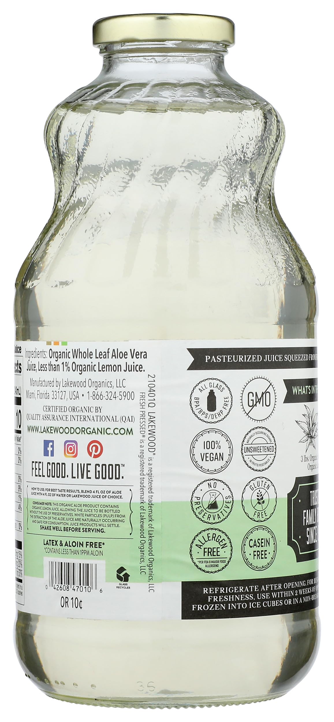 Lakewood, Organic Aloe Vera Leaf Juice, 32 Fl Oz (Pack of 1)