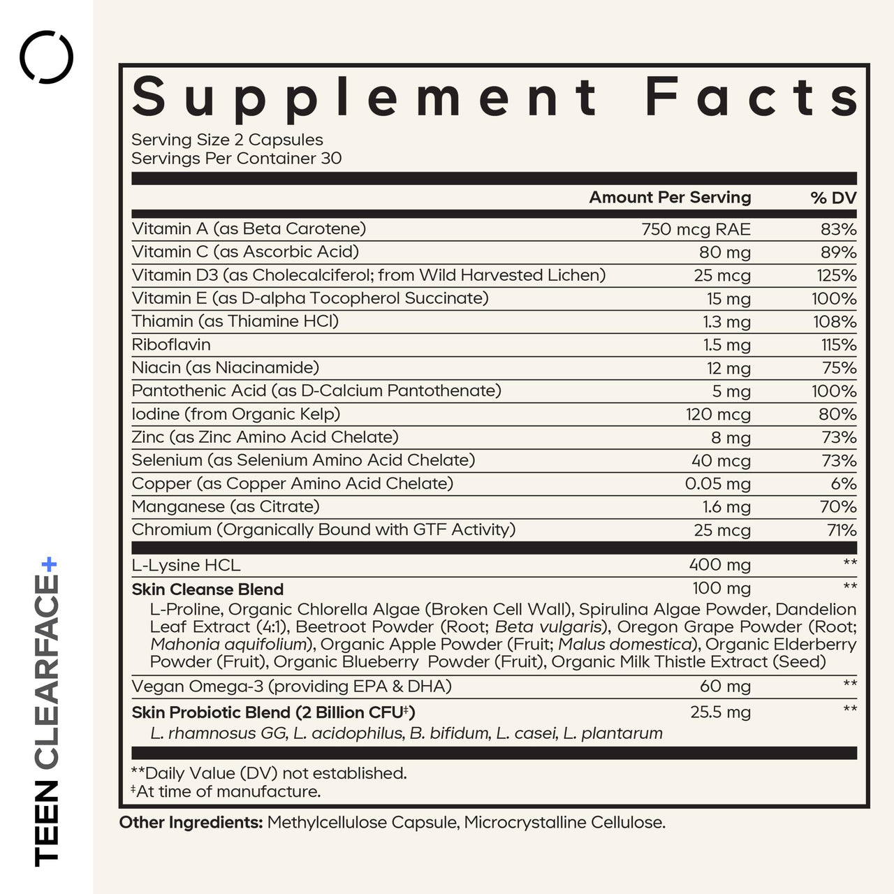 Codeage Teen Clearface Adolescent Face, Skin & Pimples, Vitamins A, C, D3, E, Pantothenic Acid, Niacin, Zinc Supplement Teenagers, Probiotics, L-Lysine, Omega-3, Oily Skin, Pores, Spots - 60 Capsules