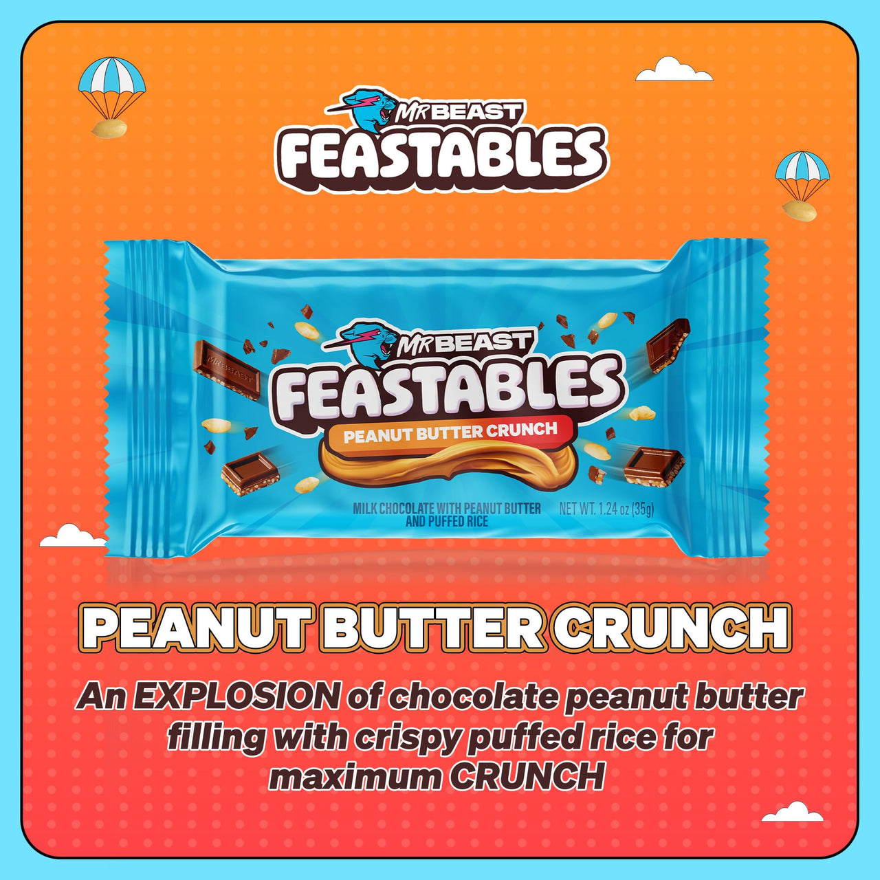 Feastables MrBeast Peanut Butter Milk Chocolate Crunch Chocolate Bar, Full Size Bar for Adults & Kids, Candy Bars, Snacks, Gifts, Dessert, Fairtrade Cocoa, 1.24 Oz Ea, 24 Count