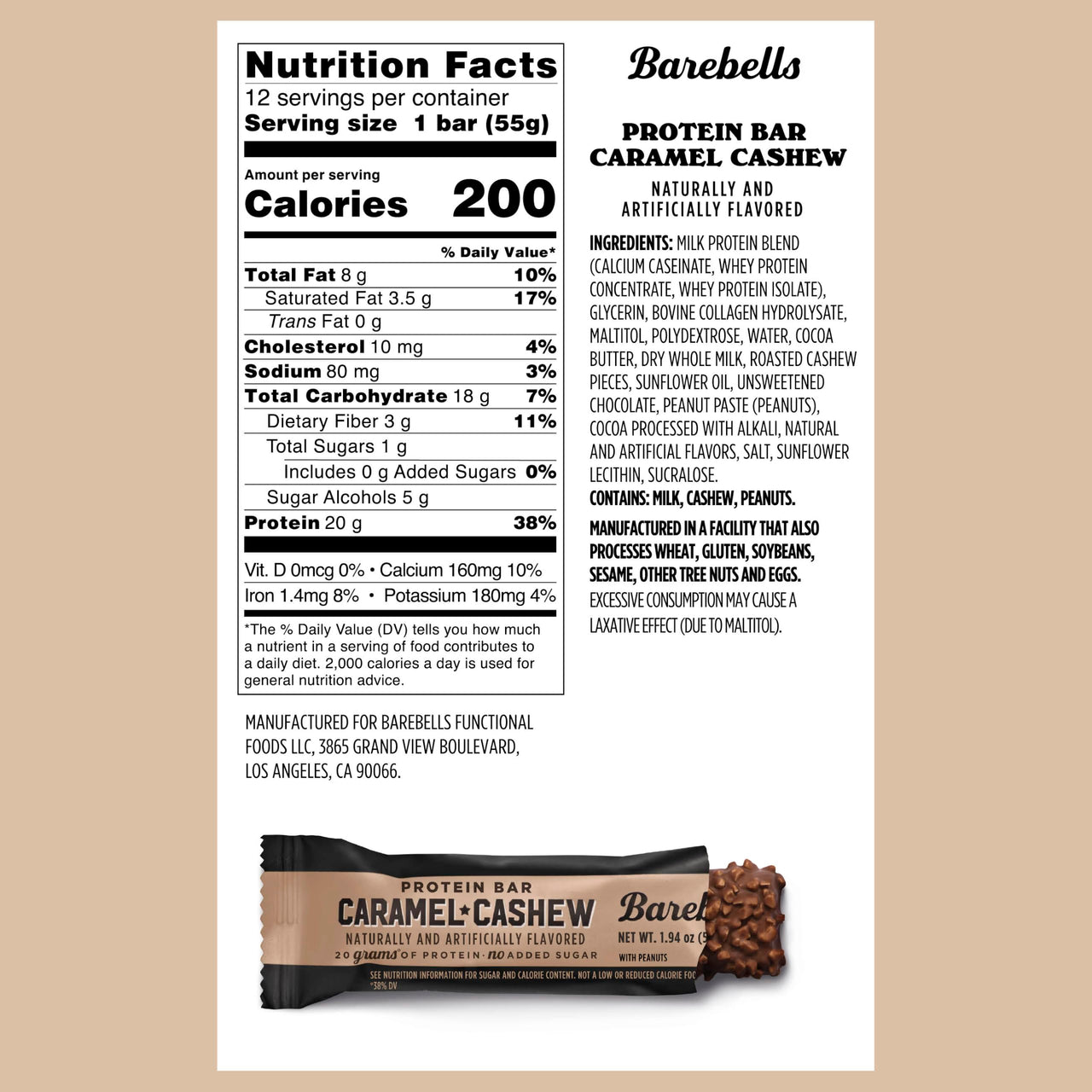Barebells Protein Bars Caramel Cashew - 12 Count, 20g High Protein Treats - Chocolate Nutrition Bar with 1g Total Sugars - On-The-Go Breakfast or Post-Workout Snack