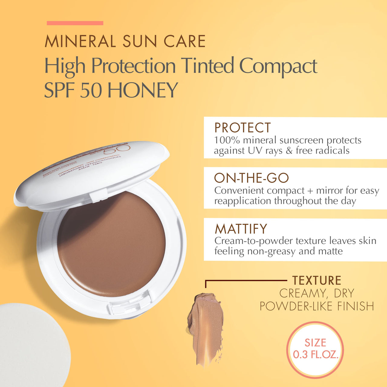 Avène High Protection Honey Tinted Compact, Broad Spectrum SPF 50+, UVA/UVB Blue Light Protection, Water Resistant, Non-Greasy, .35 oz