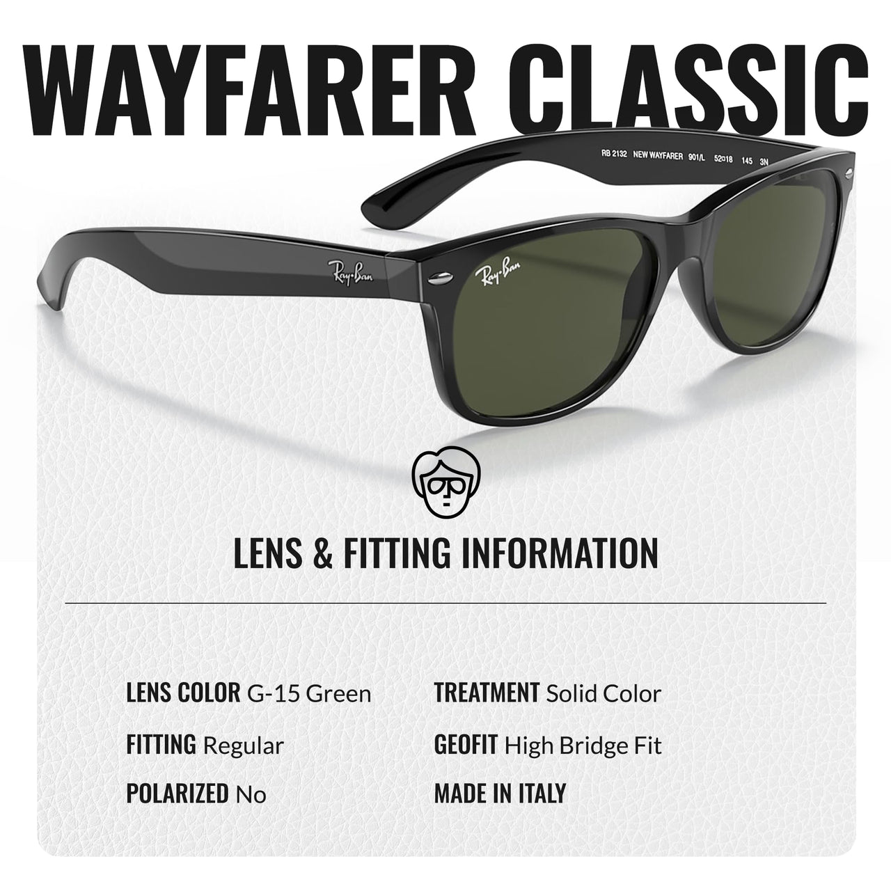 Ray-Ban RB2132 NEW WAYFARER CLASSIC Square Shaped Non-Polarized Sunglasses for Men & Women – Includes Official RAYBAN Eyewear Kit – Ideal Formal & Casual Wear Sunglasses – G-15 Green Lens