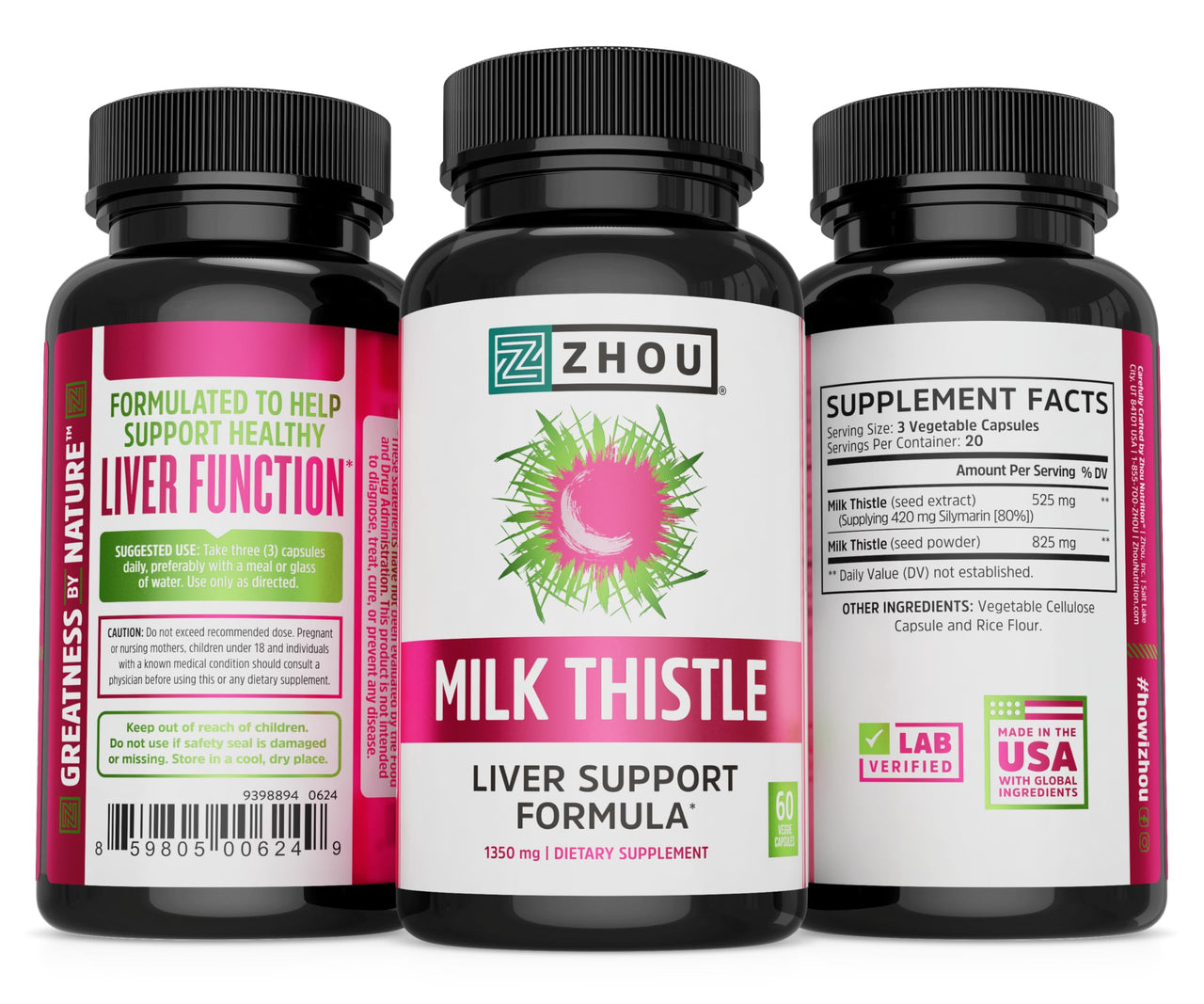 Zhou Milk Thistle - Liver Health Supplement, Silymarin Milk Thistle Extract & Powder for Men & Women, Herbal Cleanse Support, Metabolic Health - 60 Vegetarian Capsules