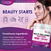 Thumbnail for NATURE TARGET Multi Collagen Peptides Powder - Type I, II, III, V, X - Hydrolyzed Collagen Peptides with Vitamin C Hyaluronic Acid, Supports Skin Hair Nail & Joint, Grass-Fed, Non-GMO, 35 Servings
