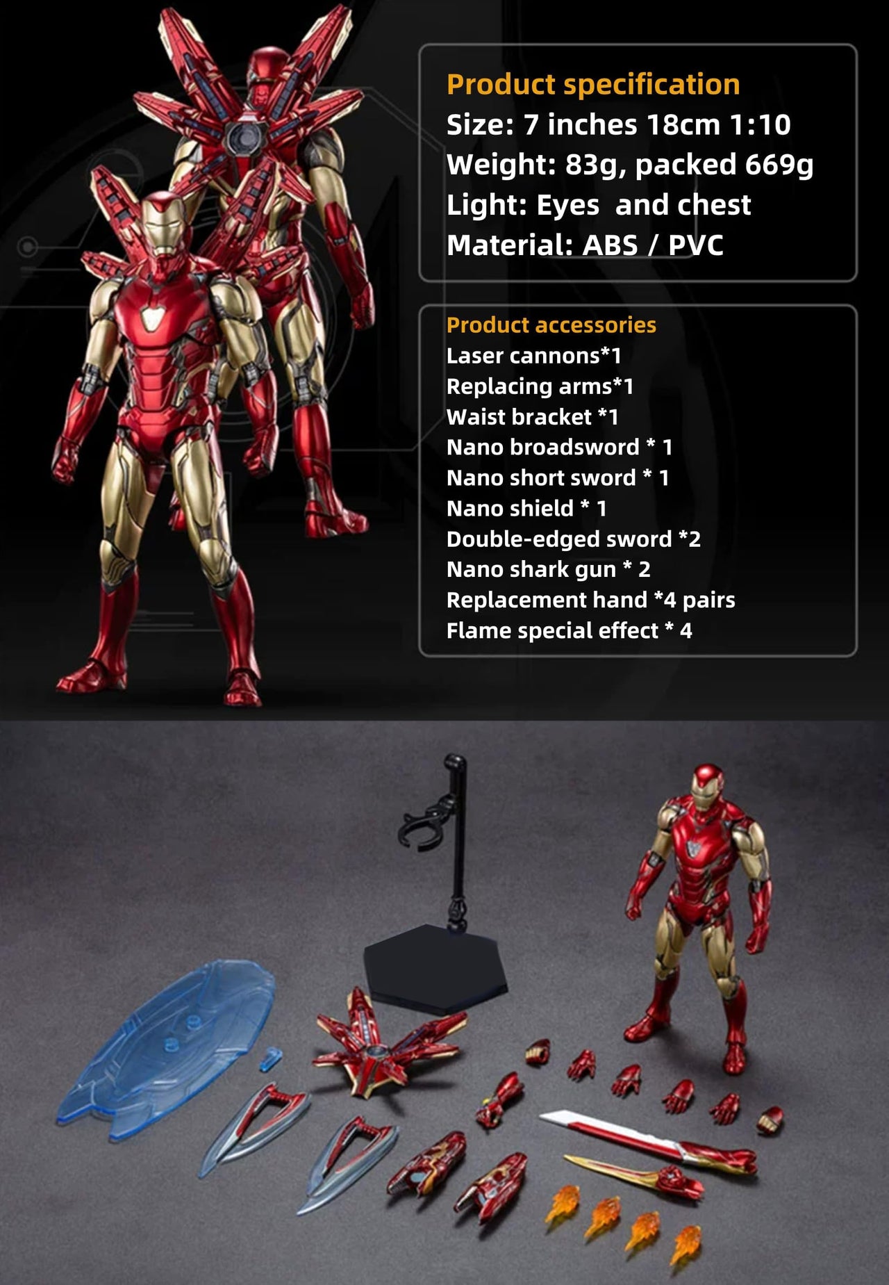 LonullyMege MK85Ironman(Deluxe Version) Action Figure-7inch Light with Chest and Eyes Metal Painting Collectable Model-20 Joints Movable with Multi Weapon Accessories Toys(1/10 Scale)