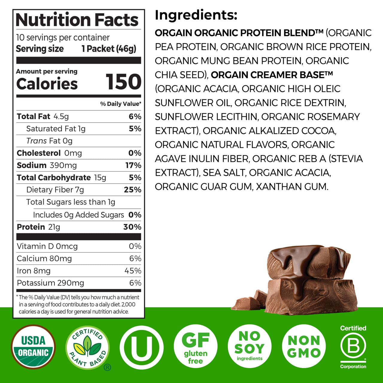 Orgain Organic Vegan Protein Powder, Creamy Chocolate Fudge - 21g Plant Protein, 6g Prebiotic Fiber, Low Carb, No Lactose Ingredients, No Added Sugar, Non-GMO, 10 Single Serve Individual Packets