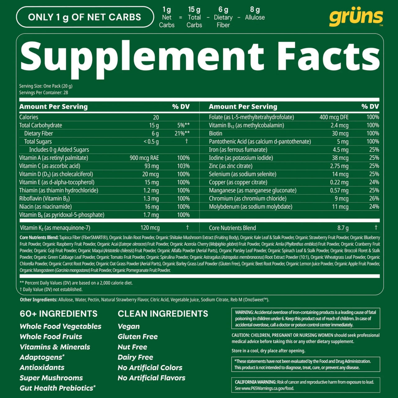 Gruns Adult Sugar-Free Super Greens Multivitamin Gummies, Superfood Gummy Vitamins for Women and Men with Spirulina, Chlorella, Adaptogens & Prebiotic Fiber for Digestive Health (28 Count)