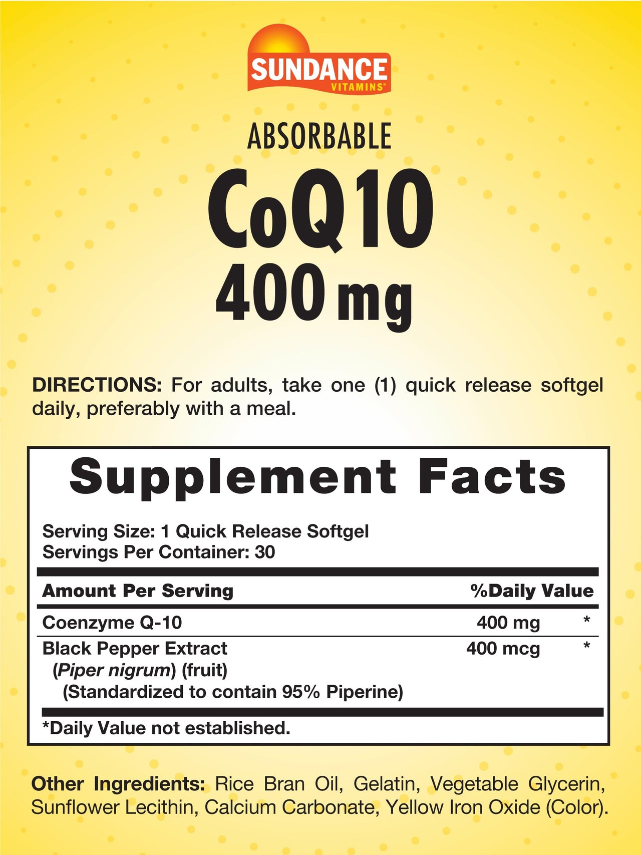 Sundance CoQ10 | 400mg | 30 Softgels | with Black Pepper Extract | Non-GMO and Gluten Free Supplement