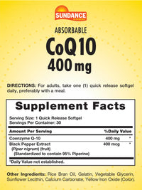Thumbnail for Sundance CoQ10 | 400mg | 30 Softgels | with Black Pepper Extract | Non-GMO and Gluten Free Supplement