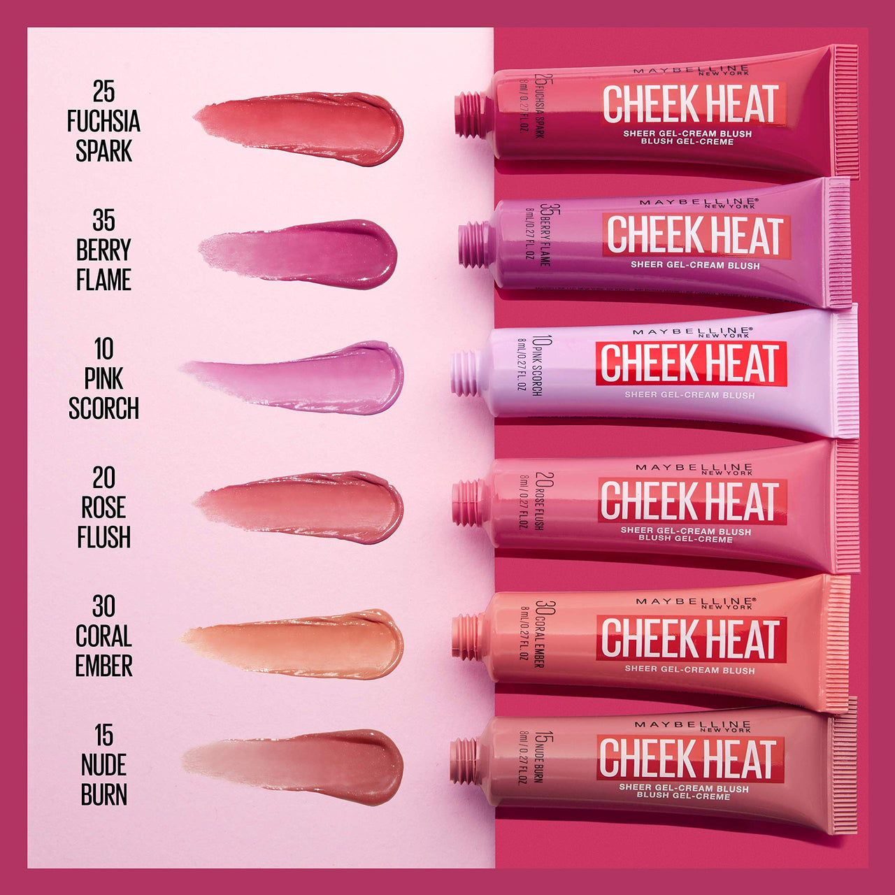 Maybelline Cheek Heat Gel-Cream Blush Makeup, lightweight, Breathable Feel, Sheer Flush Of Color, Natural-Looking, Dewy Finish, Oil-Free, Rose Flush, 1 Count