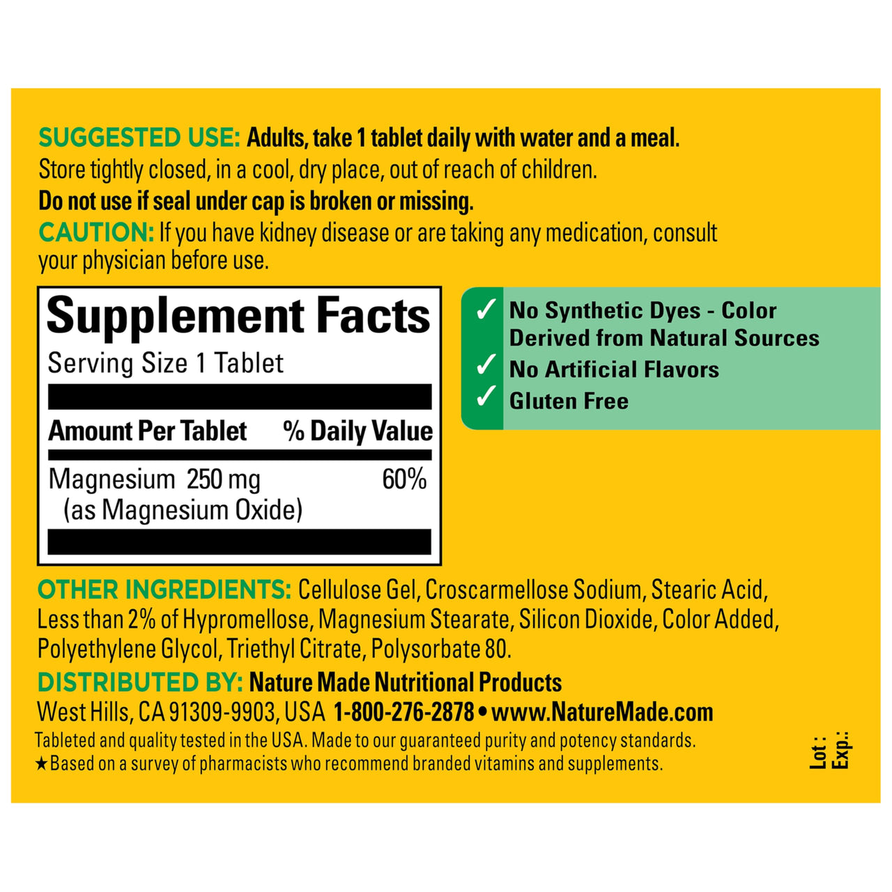 Nature Made Magnesium Oxide 250 mg, Magnesium Supplements for Men and Women, Support for Muscle, Heart, Bone and Nerve Health, 200 Tablets, 200 Day Supply