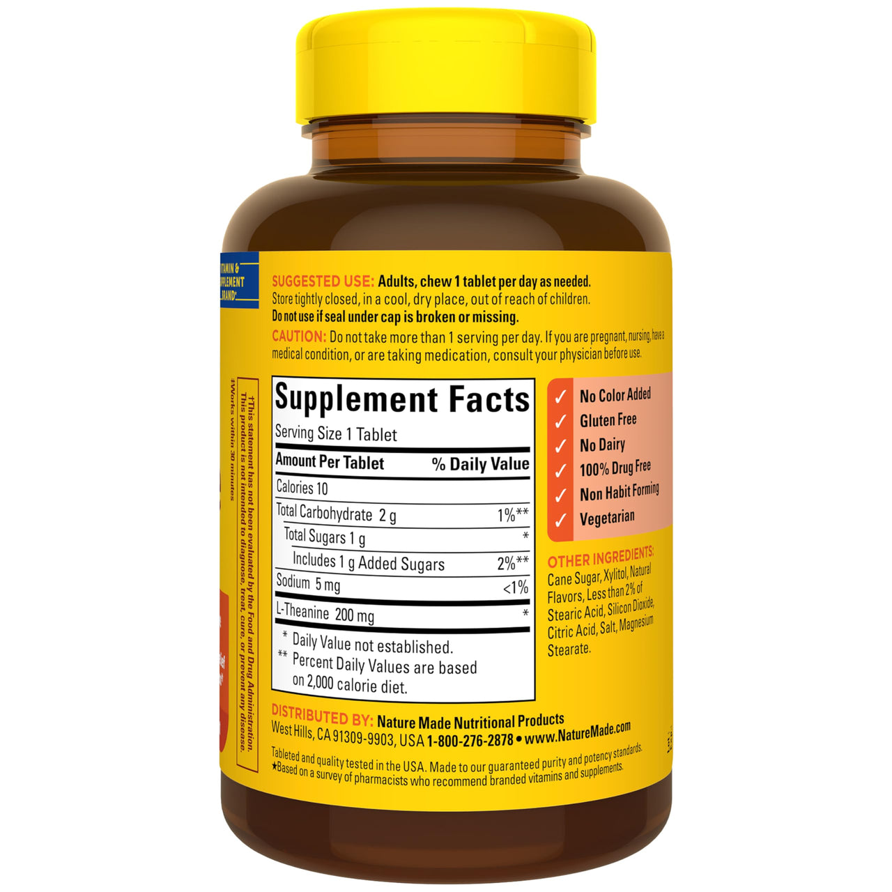 Nature Made Chewable L Theanine 200mg, L-Theanine Supplement for Stress Relief, 50 Chewable Tablets, 50 Day Supply