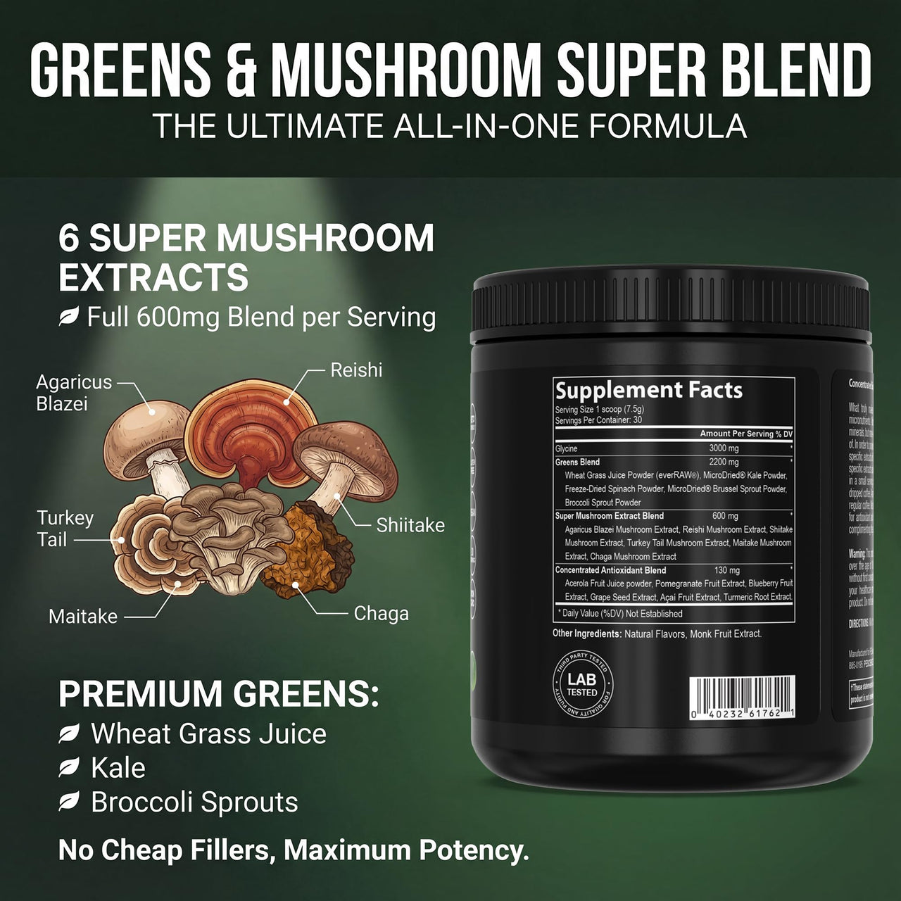 PEScience Greens Powder Superfood with Natural Chlorophyll, Reishi & Turkey Tail Mushroom Powders, Freeze-Dried Kale, Spinach, Broccoli Sprouts with Antioxidants - Original Flavor, 30 Servings