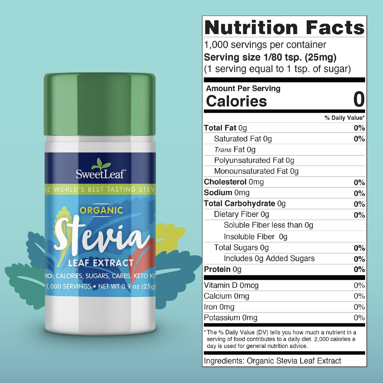 SweetLeaf Organic Pure Stevia Powder Shaker Jar - Zero Calorie Sweetener with Pure Stevia Leaf Extract, No Artificial Sweetener Additive, Sugar Free, Keto Friendly, Gluten Free - 0.9 Oz (Pack of 1)