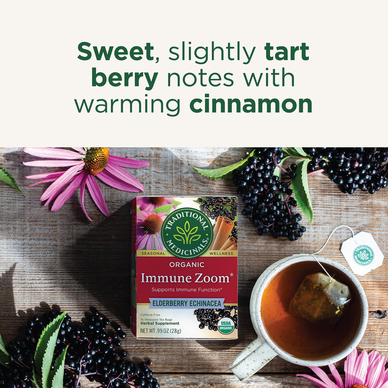 Traditional Medicinals Tea, Organic Immune Zoom Elderberry Echinacea - Supports Immune Function - Kosher, Non-GMO, Caffeine-Free, Compostable - 16 Tea Bags