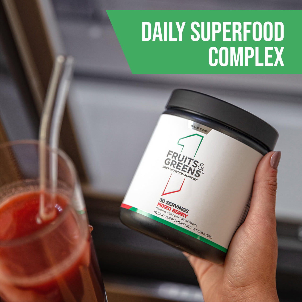 Rule 1 Proteins Fruits & Greens Powder - 40+ Active Ingredients Including 4g Fruit & Vegetable Concentrates + 2g Prebiotic Fiber for Daily Wellness (30 Servings, Mixed Berry)