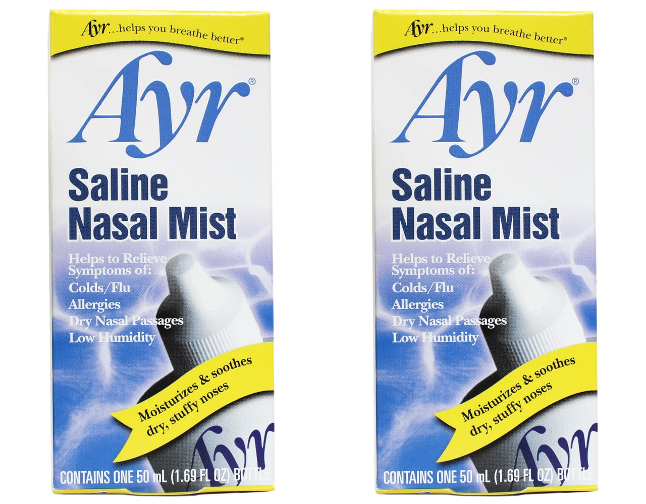 Ayr Saline Nasal Mist Spray 50 mL â€“ Non Medicated Nasal Moisturizer for Dry Nasal Passages Cold and Allergy Relief (Pack of 2)