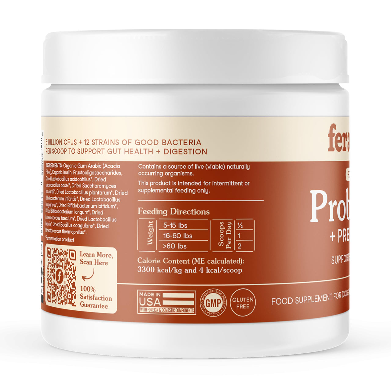 Fera Pets Probiotics for Dogs & Cats with Prebiotics - USDA Organic - Gut Health Powder Supplement with 12 Strains and 5 Billion CFUs - Supports Immunity, Energy and Skin & Coat - 60 Scoops
