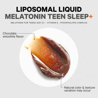 Thumbnail for Codeage Liposomal Teen Sleep + Liquid Melatonin Supplement for Teenagers, Vitamin E, Phospholipid Complex, Vegan Chocolate Smoothie Drops, Non-GMO, Sugar Free, 3 Month-Supply, 90 Servings, 8 fl oz