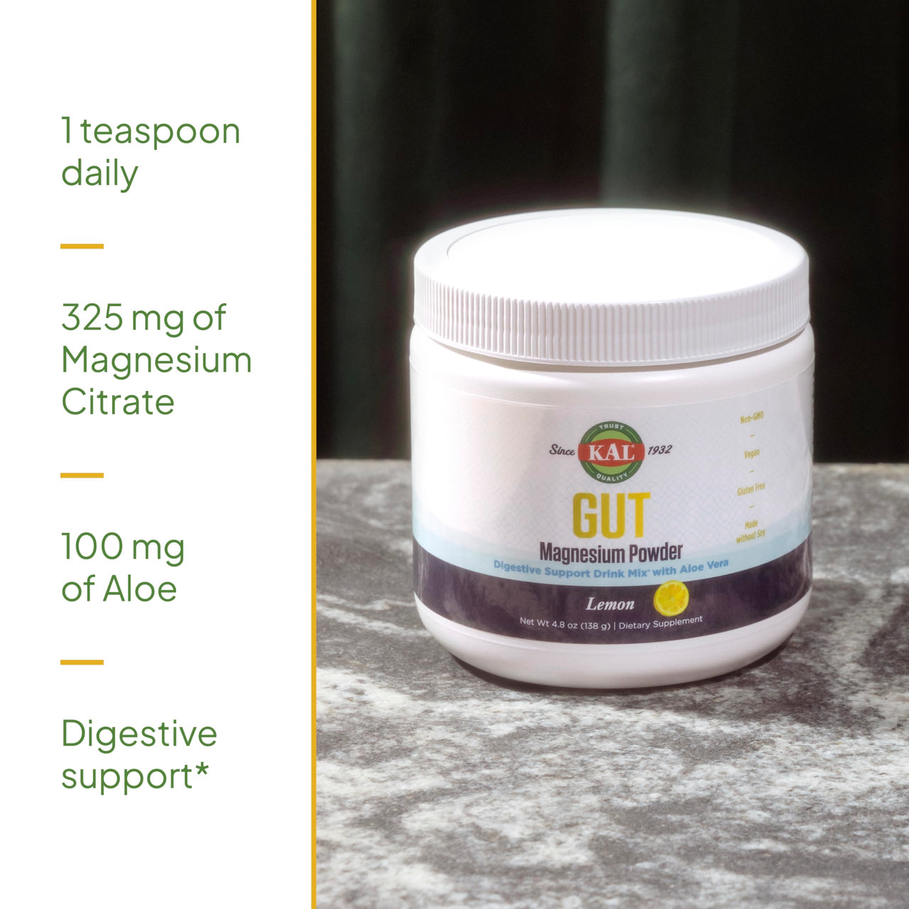 KAL Gut Magnesium Plus Aloe Vera Powder - Lemon Drink Mix - Magnesium Citrate Supplement with Aloe Vera Gel for Digestion & Relaxation Support - No Sugar - 60-Day Guarantee, 40 Servings, 4.8 OZ