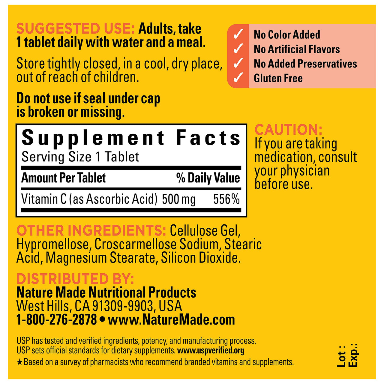 Nature Made Vitamin C 500 mg Tablets, Dietary Supplement, Vitamin C for Immune Support, 100 Tablets, 100 Day Supply