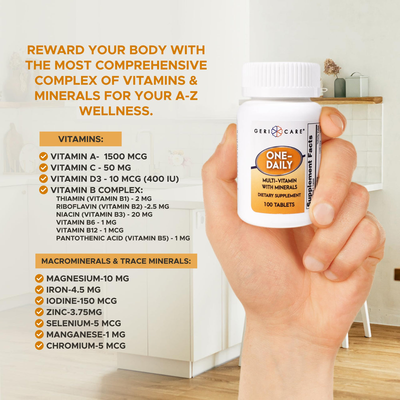 One-Daily Multivitamins with Minerals for Men & Women (100 Tablets) by GeriCare| High-Potency Multi-Vitamin & Multimineral Dietary Supplement for Immunity, Energy| Complete Daily Nutritional Support