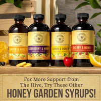 Thumbnail for Honey Gardens Cherry & Honey Soothing Throat Syrup, Apitherapy Formula with Organic Raw Honey, Organic Apple Cider Vinegar, Black Cherry, and Herbal Extracts, 48 Servings, 8 FL. OZ.