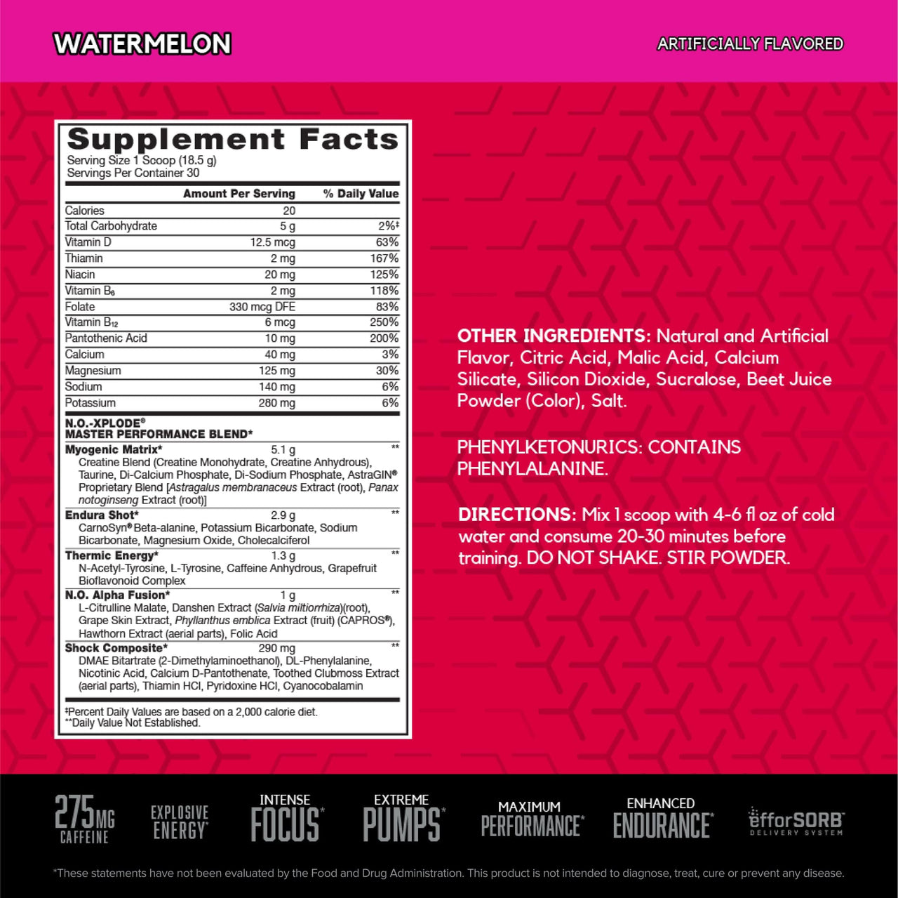 BSN N.O.-XPLODE Pre Workout Powder, Energy Supplement for Men and Women with Creatine and Beta-Alanine, Watermelon, 30 Servings, 1.2 Pound (Packaging May Vary)