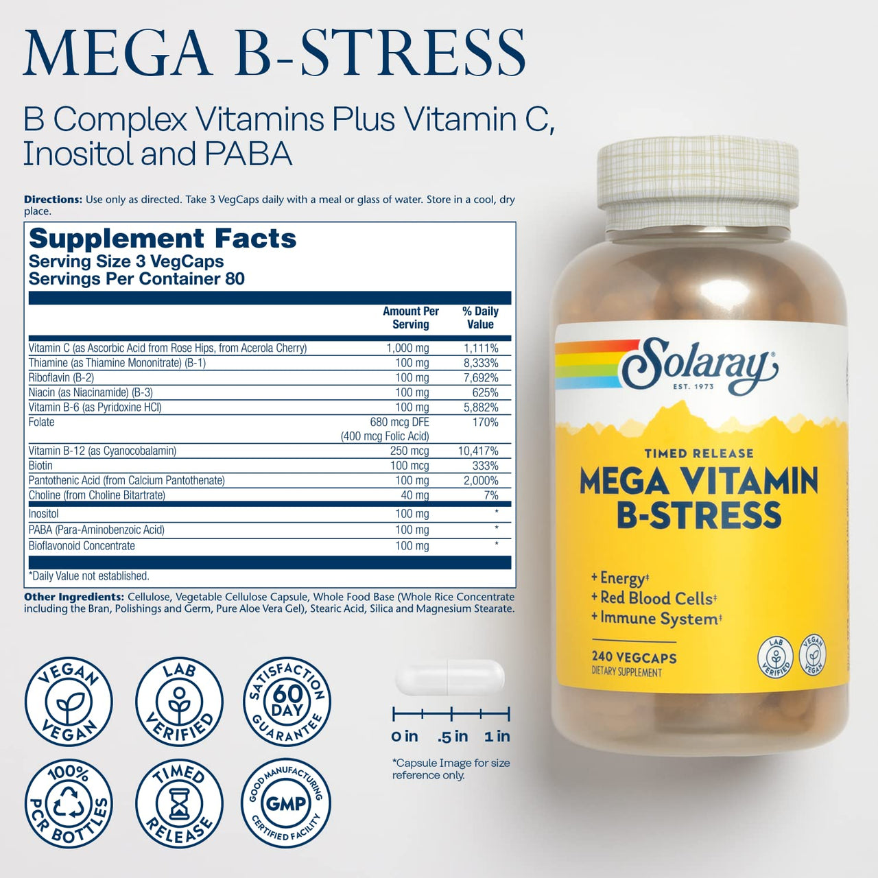 SOLARAY Mega Vitamin B-Stress - Timed Release Vitamin B Complex w/Vitamin B12, B6, Folic Acid, VIT. C - Stress, Energy, Red Blood Cell, Immune Support - Vegan, 60-Day Guarantee (240 CT)