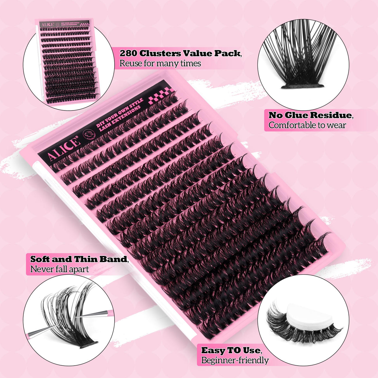 280Pcs Wispy Individual Lashes DIY Eyelash Extensions 8-16MM D-Curly Lash Extensions Lash Clusters 80D Cluster Eyelashes DIY at Home by ALICE