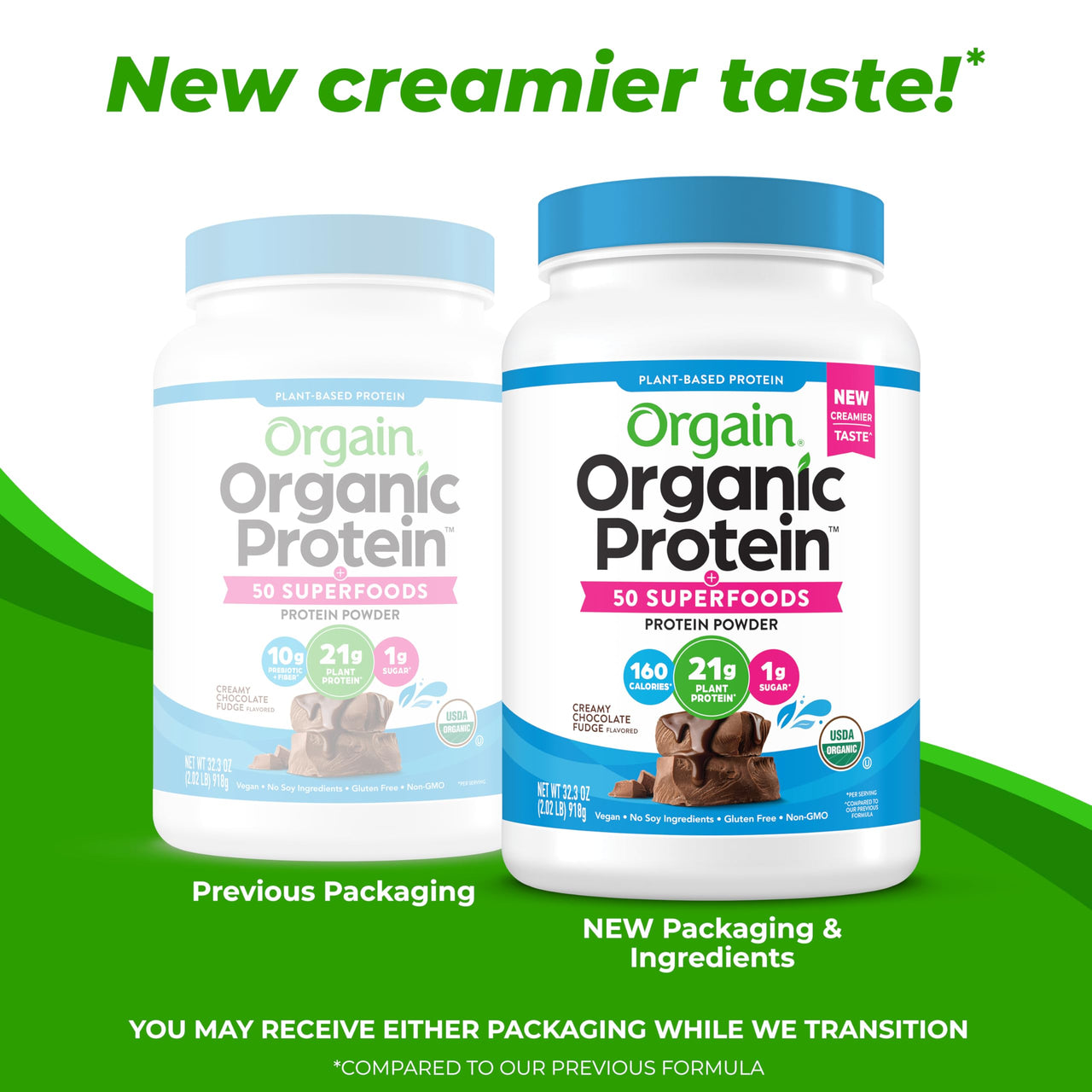 Orgain Organic Vegan Protein + 50 Superfoods Powder, Creamy Chocolate Fudge - 21g Plant Based Protein, 9g Prebiotic Fiber, No Lactose, Gluten Free, No Added Sugar, 2.02 lb (Packaging May Vary)