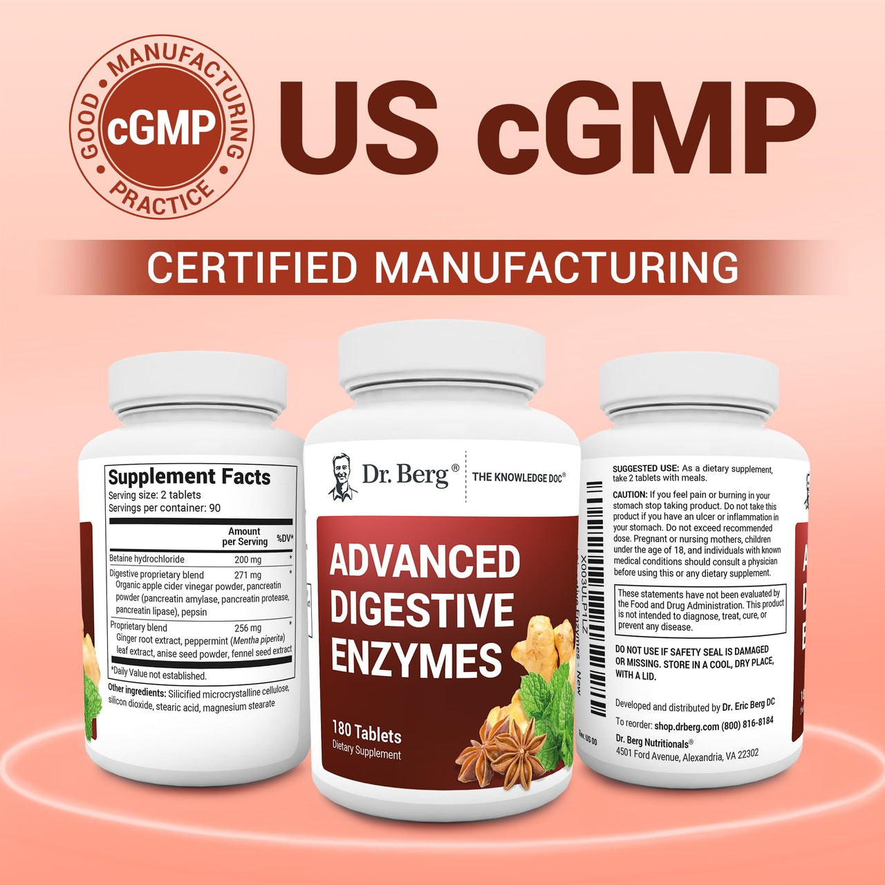 Dr. Berg Advanced Digestive Enzymes with Apple Cider Vinegar - Includes Digestive Health Ingredients Like Betaine Hydrochloride (HCI), Ginger Root & Peppermint Leaf - 180 Tablets