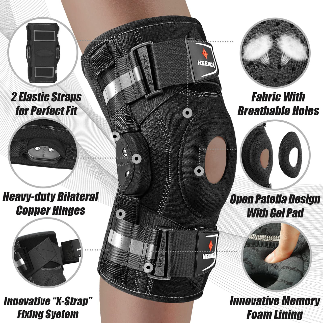 NEENCA Professional Knee Brace X-Large for Knee Pain, Hinged Knee Support with Patented X-Strap Fixing System, Strong Stability for Pain Relief, Arthritis, Meniscus Tear, ACL, PCL, MCL, Runner, Sport, Workout