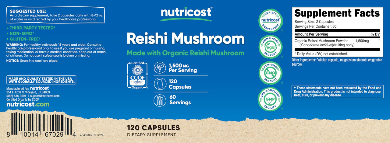 Nutricost Reishi Mushroom Capsules 1500mg, 60 Servings - CCOF Certified Made with Organic Reishi Mushroom, Vegetarian, Gluten Free, 750mg Per Capsule, 120 Capsules