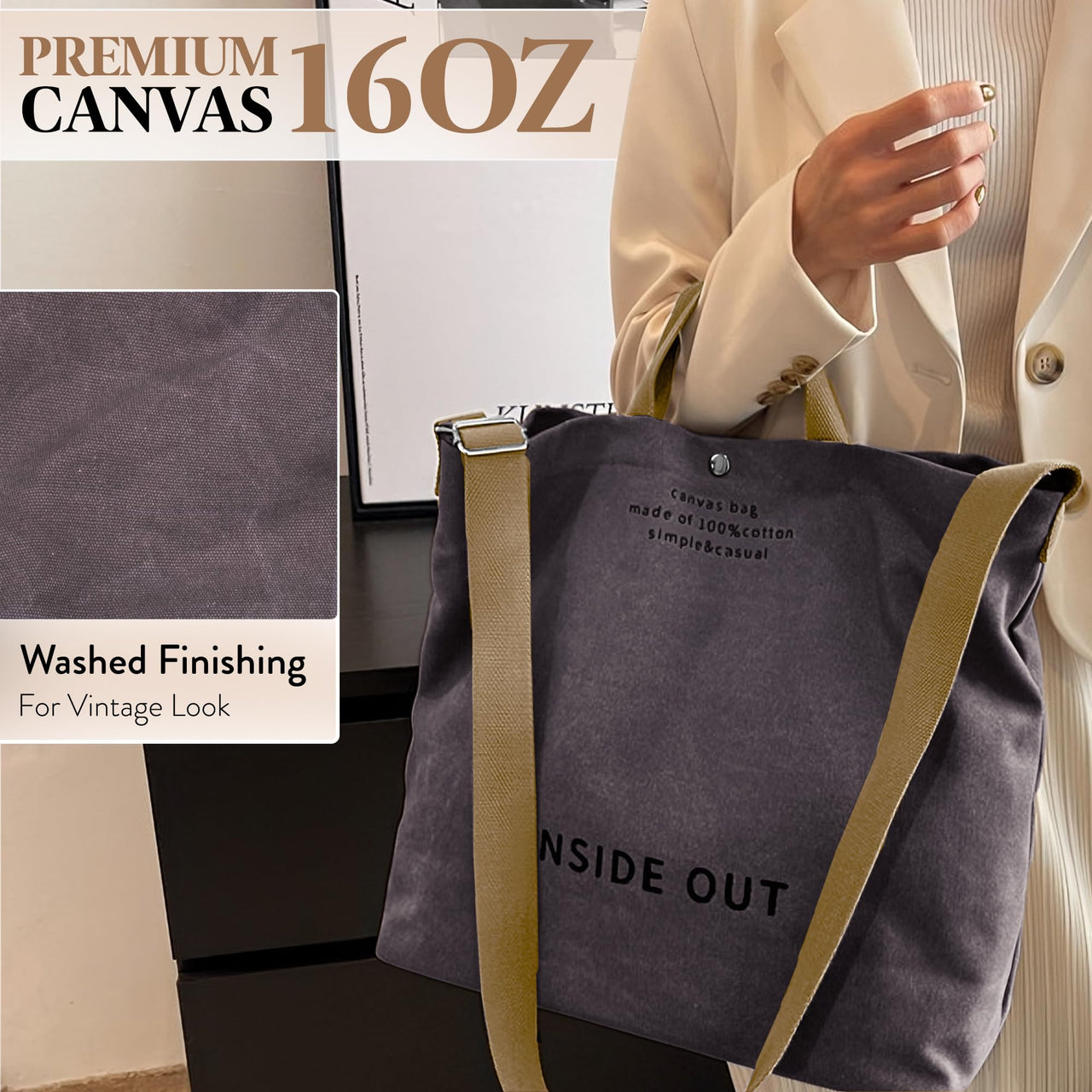 Large Tote Bag for Women, Canvas Gift for Women, Inside Out Bag, Fashion Crossbody 16oz Cotton, Large Capacity Shoulder Tote