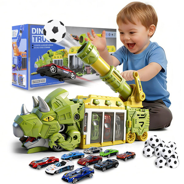 BYFWH Foldable Triceratops Truck Toy, Ejection Shooting with Storage Bay Compact Foldable Design with Shooting Launcher, 10 Cars & 12 Soft Balls, Fun for Boys & Girls 3-12