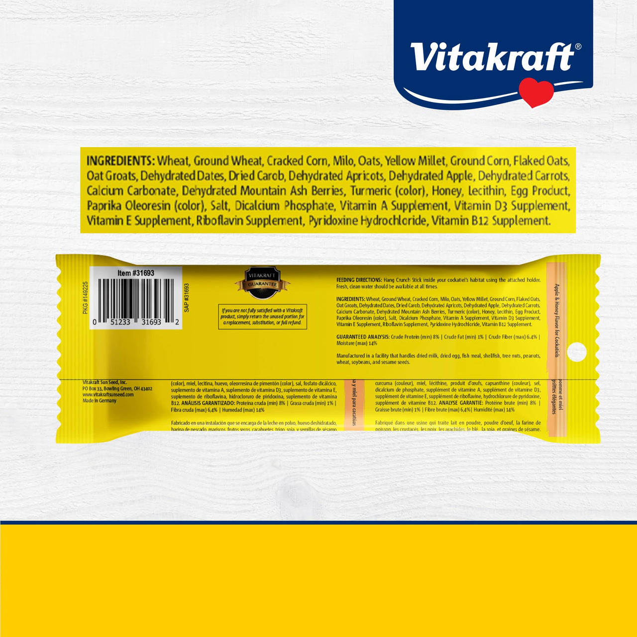 Vitakraft Crunch Sticks Cockatiel Treat Apple And Honey Flavor – 2 Sticks - Triple Baked For Extra Crunch – Natural Wood Chew Center With Cage Clip – Fortified With Vitamins And Minerals