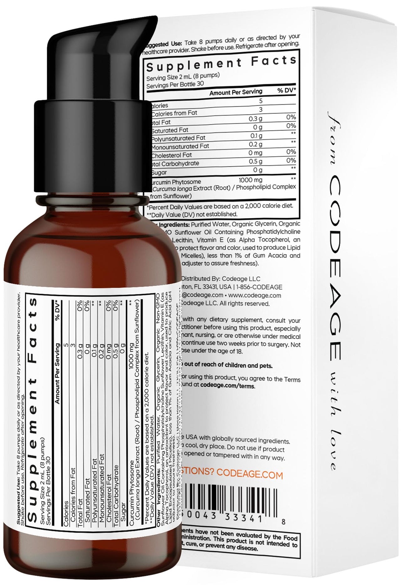 Codeage Liposomal Curcumin Phytosome Liquid Supplement, Turmeric Curcumin Vegan Liquid Drops, Plant-Based Curcuma Longa Dropper, Curcumina, Sunflower Phospholipid, Sugar-Free, Citrus Flavor, 2 fl oz