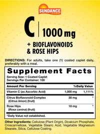 Thumbnail for Sundance Vitamin C 1000mg with Rose Hips & Bioflavonoids | 100 Coated Caplets | Vegetarian, Non-GMO and Gluten Free Supplement