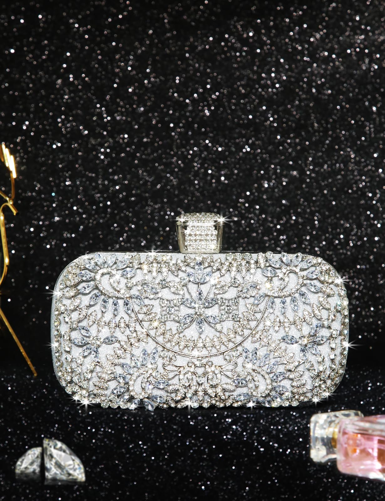 Covelin Women's Rhinestone Decorated Evening Bag, Tote Shoulder Crossbody Handbag with Chain Pure Silver