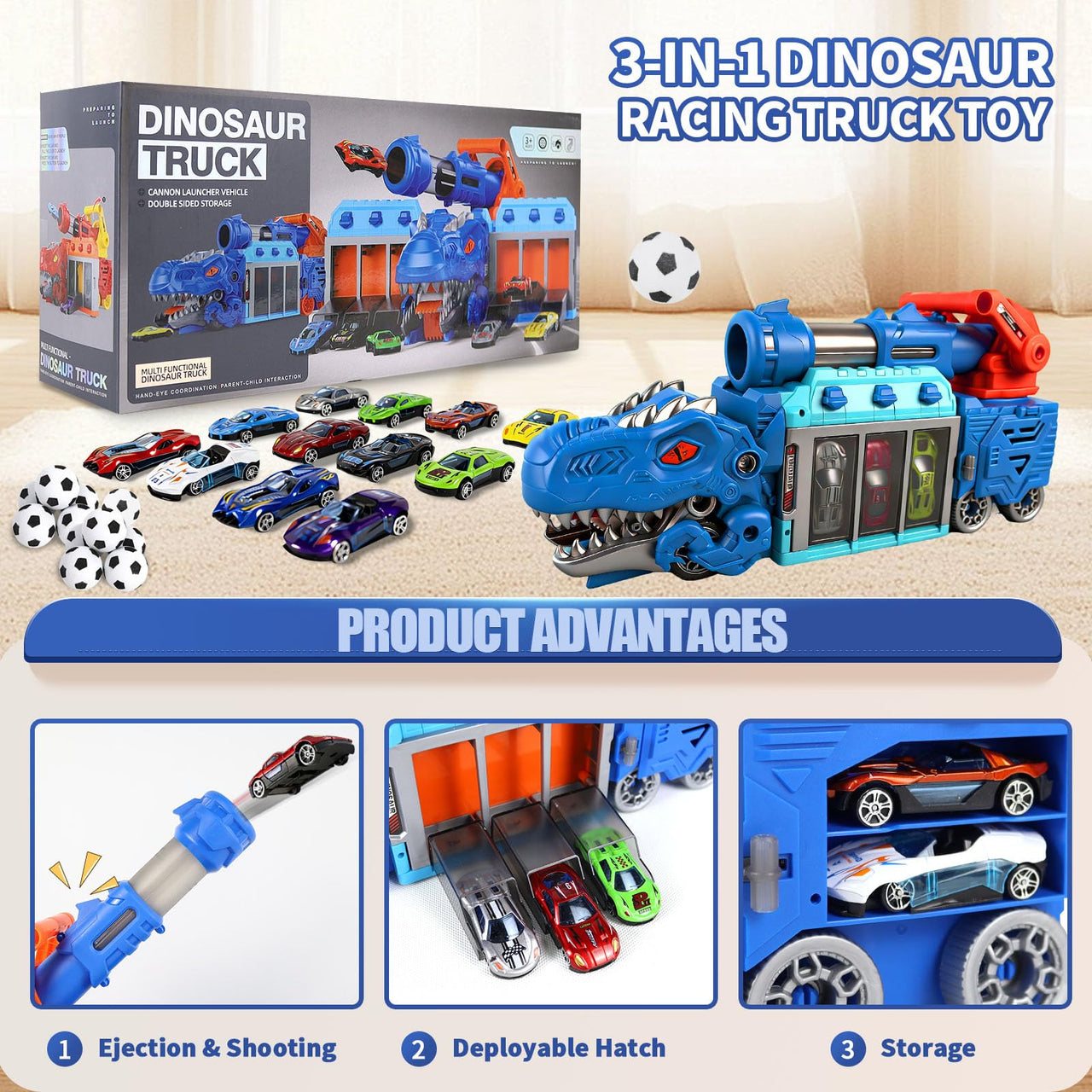 BYFWH Tyrannosaurus Rex Truck Toy, Ejection Shooting with 10 Cars & Storage Sturdy Non-Toxic Materials, Foldable Car Carrier, 10 Cars & 12 Soft Balls, Develops Motor Skills & Hand-Eye Coordination