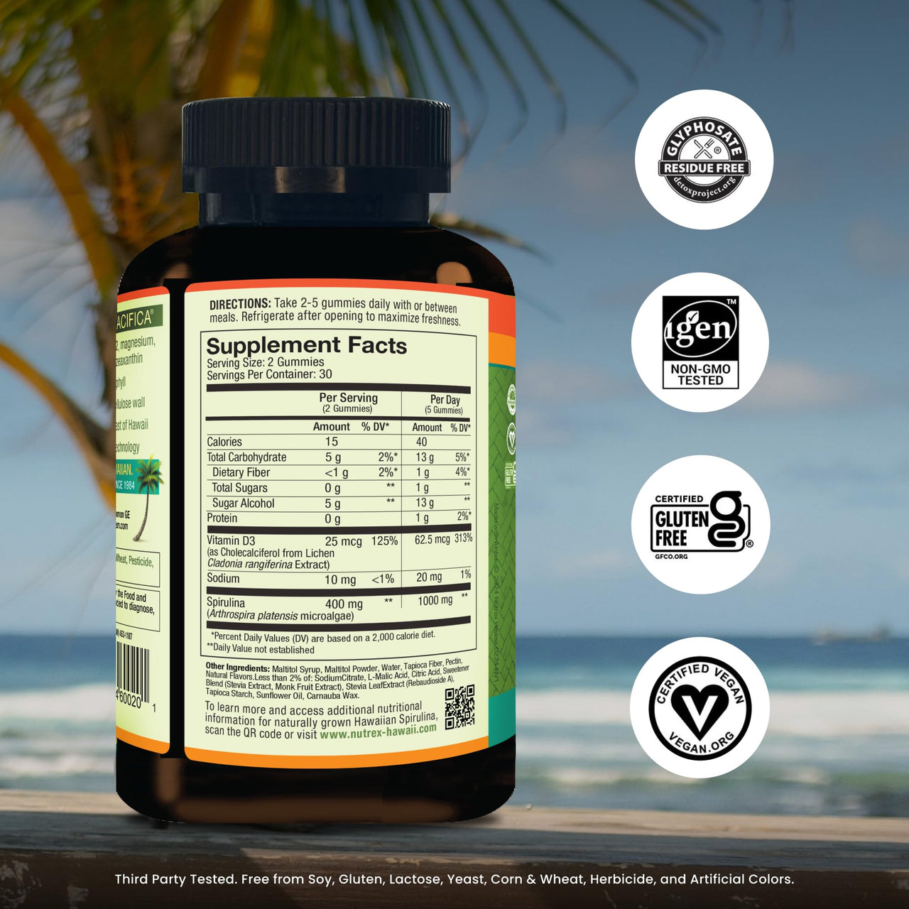 Nutrex Hawaii Pure Hawaiian Spirulina Gummies – Sugar-Free, Vegan Superfood Plus Vitamin D3, Farm Grown in Kona, Non-GMO, 60 Count