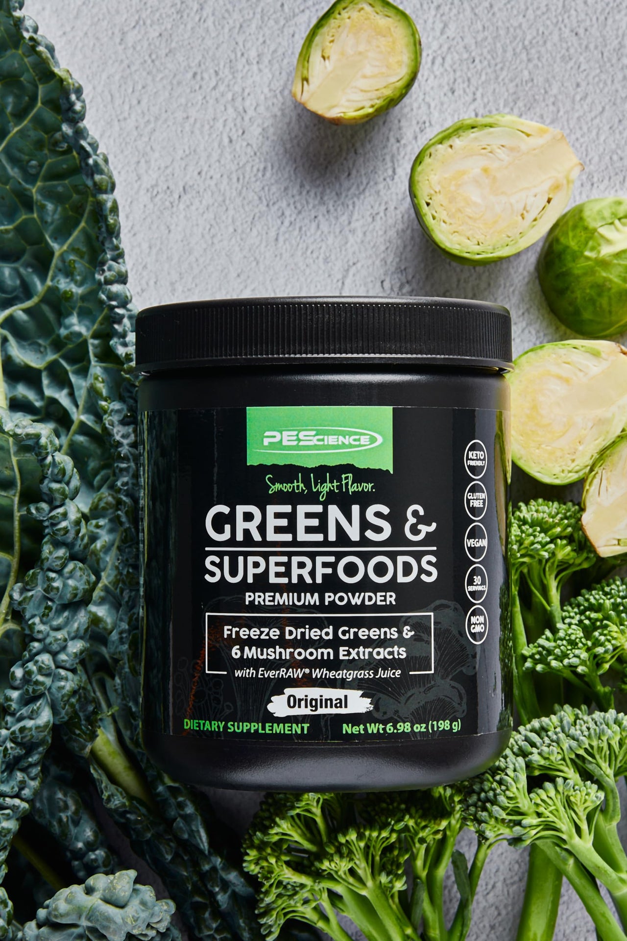 PEScience Greens Powder Superfood with Natural Chlorophyll, Reishi & Turkey Tail Mushroom Powders, Freeze-Dried Kale, Spinach, Broccoli Sprouts with Antioxidants - Original Flavor, 30 Servings