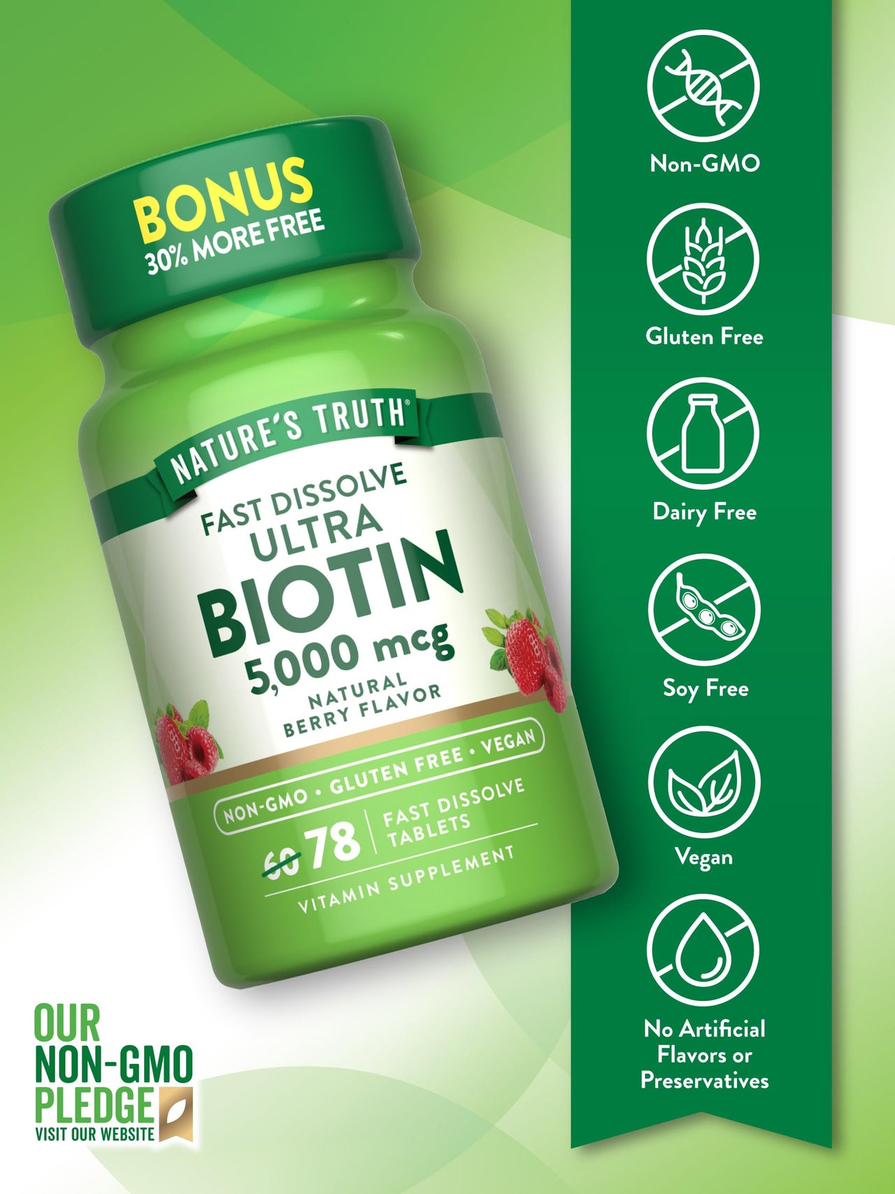 Nature's Truth Biotin 5000mcg | 78 Fast Dissolve Tablets | Natural Berry Flavor | Vegan, Non-GMO & Gluten Free