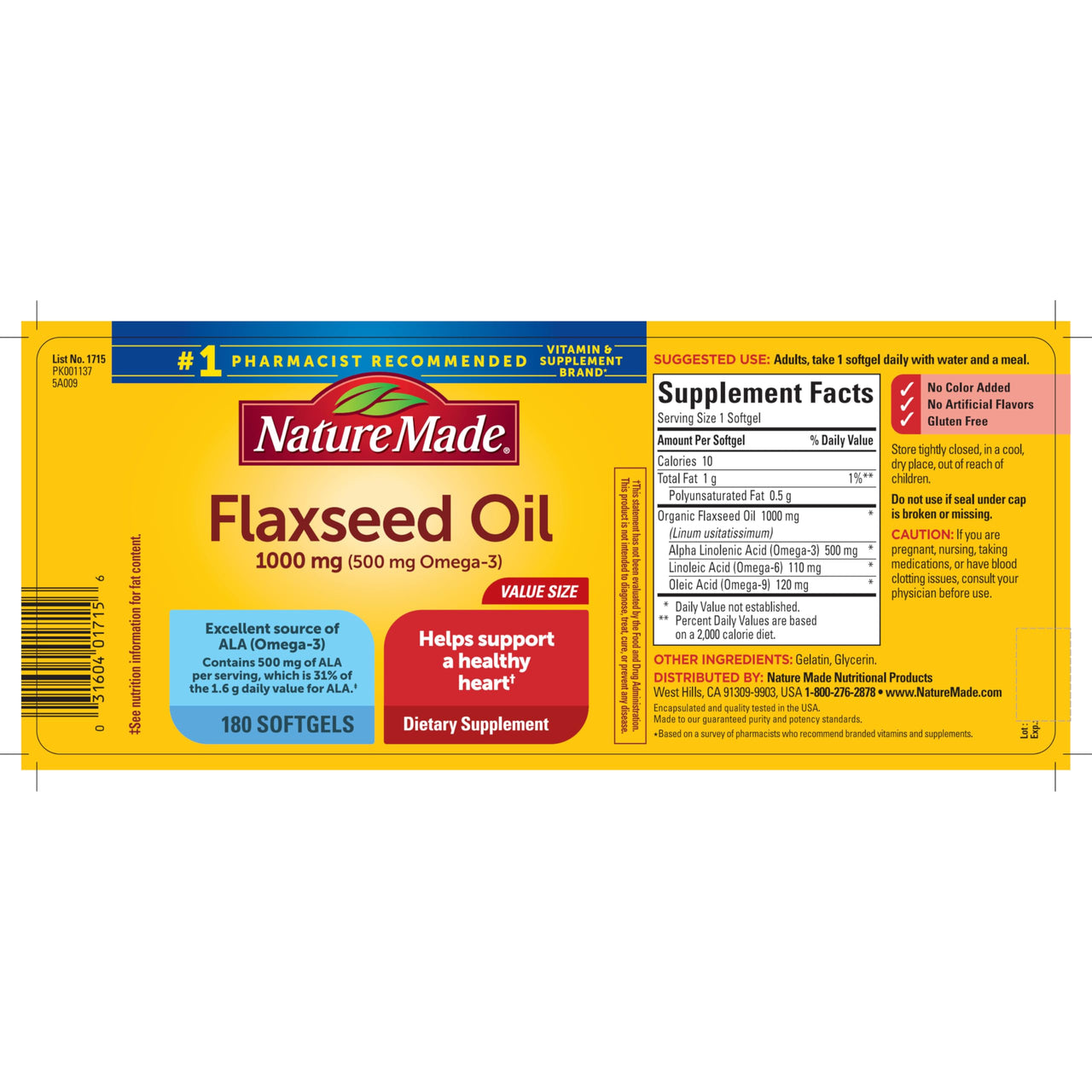 Nature Made Flaxseed Oil 1000 mg, Fish Free Omega 3 Supplement, Dietary Supplement for Heart Health Support, 180 Softgels, 180 Day Supply