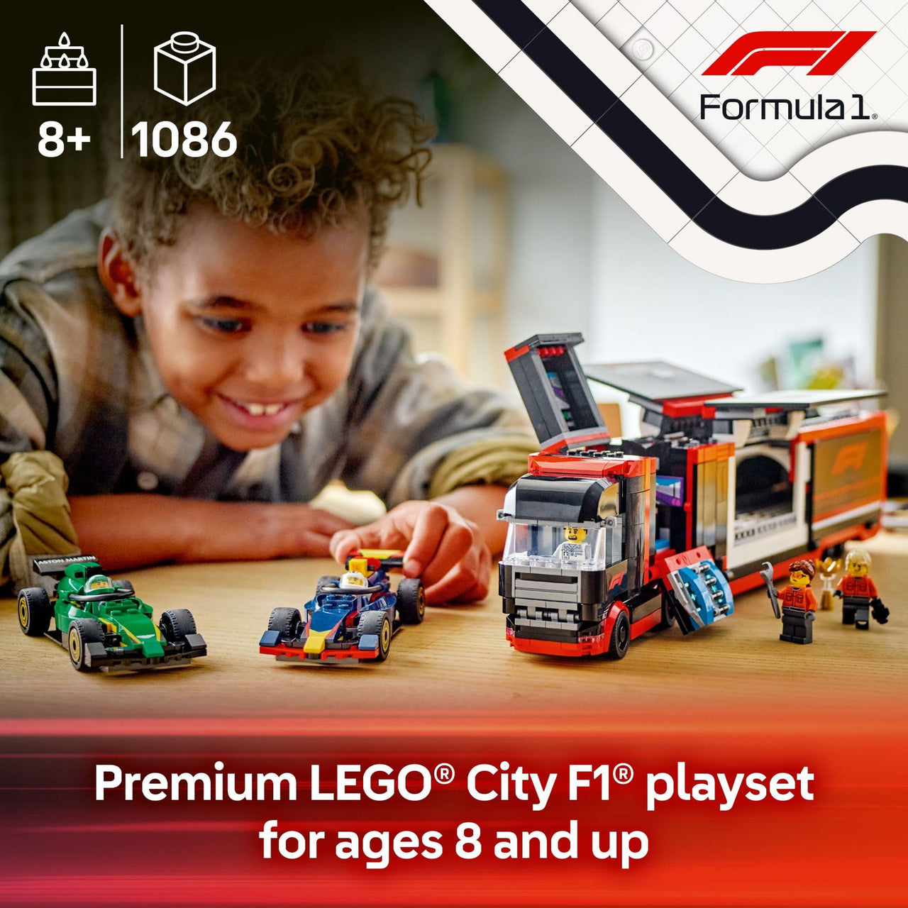 LEGO City F1 Truck with RB20 & AMR24 F1 Car Toys - Model Car Building Toy Set for Kids, Boys and Girls, Ages 8+ - Formula 1 Collectible for Fans - Gift Idea for Birthdays - 60445