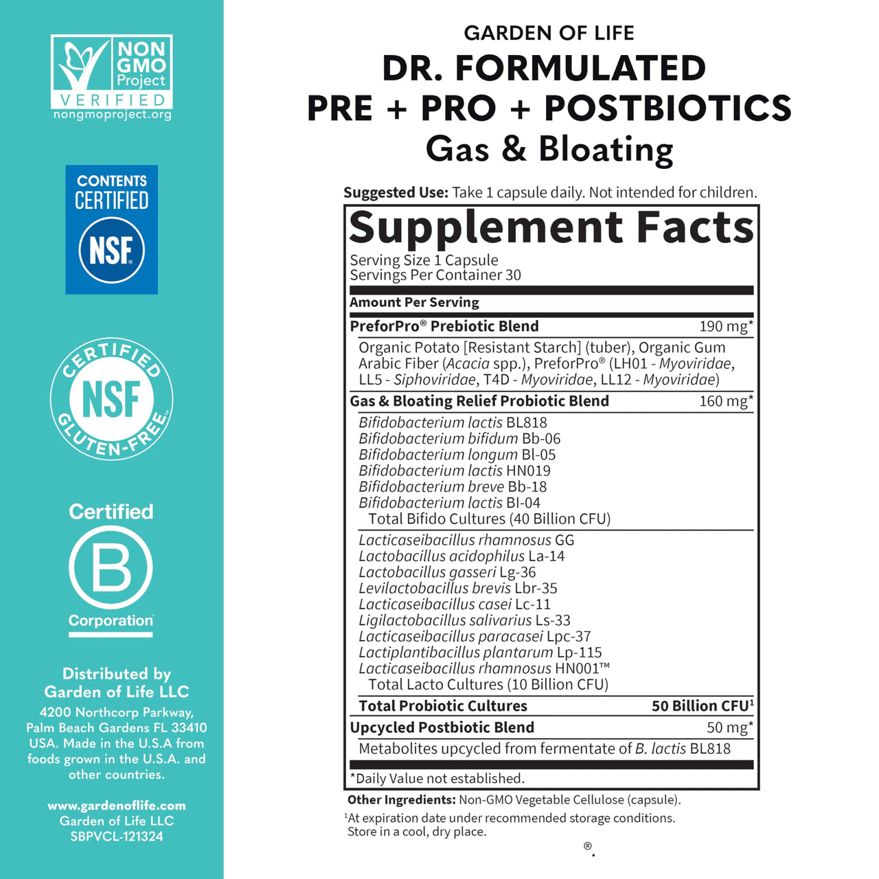 Garden of Life Dr. Formulated Pre, Post & Probiotics Gas & Bloating Once Daily 3-in-1 Complete Prebiotics, Postbiotics & Probiotics â€“ 50 Billion CFU, Non-GMO, Gluten-Free, 30 Day Supply